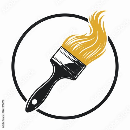 Paintbrush with fiery bristles in circle emblem, dynamic vector illustration combining creative art tools with flame effects