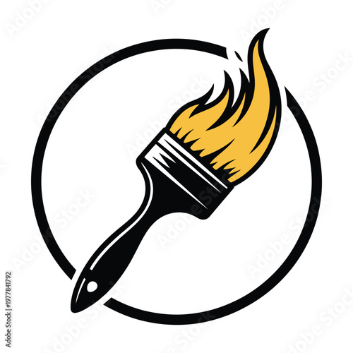 Paintbrush with fiery bristles in circle emblem, striking emblem design featuring a brush surrounded by flames