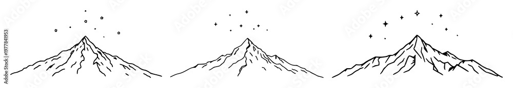 Obraz premium Mountain range set with minimalist line art stars under night sky featuring mountains, stars, line art with white background and cosmos