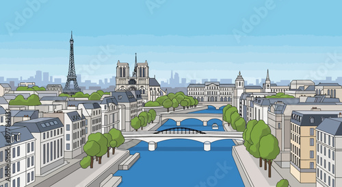 Parisian cityscape with Eiffel Tower and Notre Dame Cathedral illustration