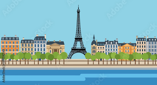 Parisian Skyline with Eiffel Tower, River Seine, Trees and Buildings - Flat Vector Illustration