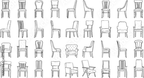 Chair Collection Set Featuring Various Styles, Designs, and Upholstery for Furniture, Interior Design, and Home Decor Illustrations