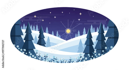 Snowy Night Winter Landscape Scene.