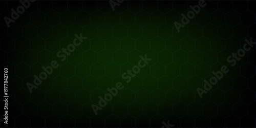 Dark technology hexagonal vector abstract background. Green bright energy flashes under hexagon in dark technology futuristic modern background vector illustration. Gray honeycomb texture grid.
