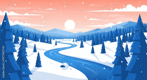 Snowy road through pine forest.