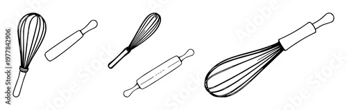 Baker's whisk and rolling pin set with line art and white background featuring kitchen utensils, baking tools, line drawings with illustration and vector
