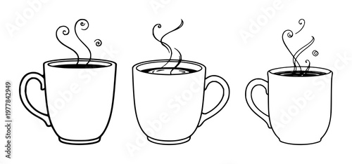 Cozy coffee mug set with steam swirls and line art on white background featuring coffee mug, steam, beverage with illustration and graphic design