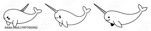 Narwhal set with a cute line art illustration of a marine mammal featuring a spiral horn, soft lines, playful posture with vector graphics and illustration