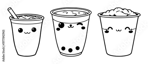 Boba tea cup set with bold black line art design featuring Taiwan, bubble tea, tapioca with milk tea and coffee
