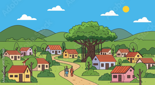 Rural Indian Village Scene with Banyan Tree and Houses