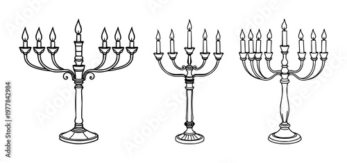 Candelabra set with elegant line art of melting wax on a white background featuring candle, ash, wax with black and white and minimalist detail