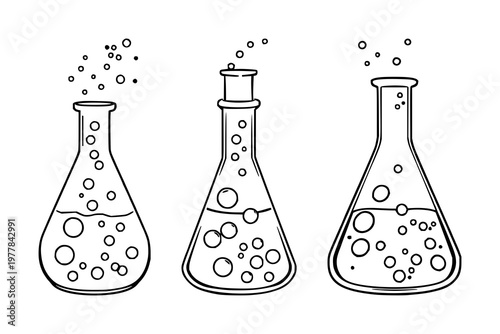 Erlenmeyer flask set with bubbles and line art featuring laboratory equipment, science illustration, chemistry with symbolic and educational elements