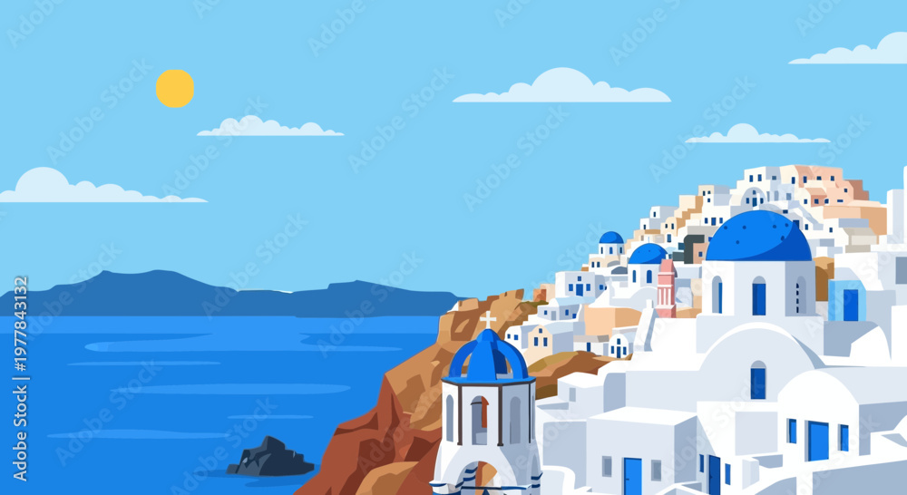 Fototapeta premium Santorini Greece Aegean Sea White Buildings Blue Domes Travel Destination