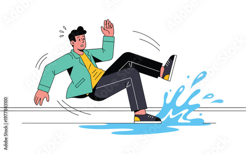 Cartoon man slipping on wet floor puddle.