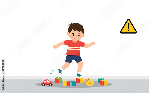Young boy stumbling on scattered toys while running.