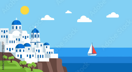 Santorini Greece Island Village Whitewashed Houses Blue Domes Sailboat Sea