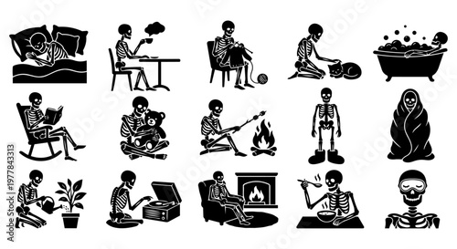 A collection of humorous  silhouettes depicting skeletons engaged in various everyday activities and cozy domestic scenes, perfect for themes of mortality, comfort, and the human experience.