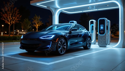 Electric car charging at a sleek, modern station illuminated with blue LED lights at night.