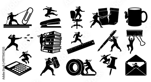 A dynamic collection of black silhouette icons depicting ninjas interacting with various office supplies, illustrating concepts of work, productivity, and office challenges with a humorous twist.