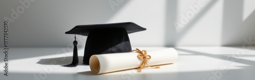 Graduation cap and diploma scroll on a white surface with soft natural lighting.