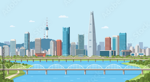 Seoul Skyline with Lotte World Tower and Han River Bridge Illustration