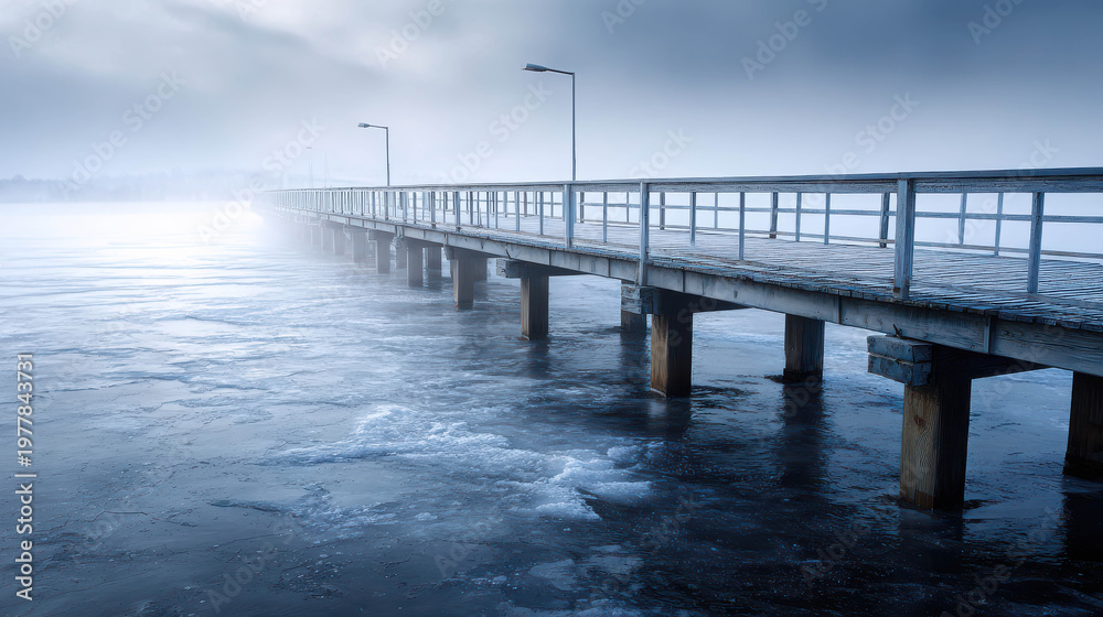 Fototapeta premium A misty pier stretching out over the water, evoking a sense of tranquility and mystery. The scene is shrouded in a soft fog, and two lights stands tall
