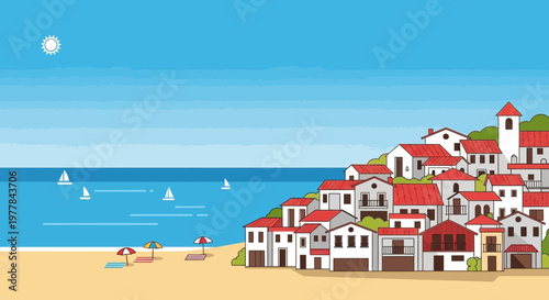 Sunny Mediterranean Coastal Village with Beach and Sailboats
