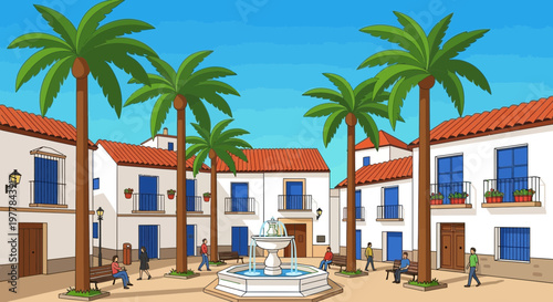 Sunny Town Square with Palm Trees and Fountain, People Relaxing