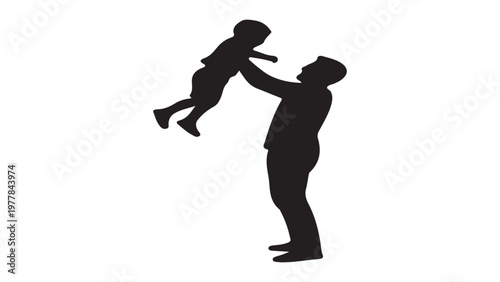 Father lifting toddler son in the air silhouette, happy parenting moment, fatherhood joy concept isolated on white.