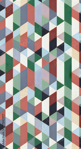 Geometric triangle mosaic pattern in earthy muted tones and vertical abstract composition.