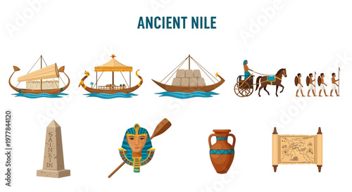 Ancient Egyptian Nile River Culture Icons.