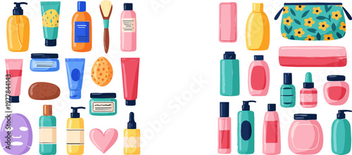 Cosmetic and Personal Care Products Collection Featuring Bottles, Creams, Face Masks, and Pouches for Beauty, Skincare, and Wellness Illustrations