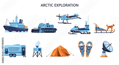 Illustration set of Arctic exploration expedition polar research.