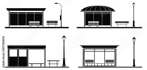 Set of city bus stop shelter silhouettes with street lamps and benches for urban public transportation map