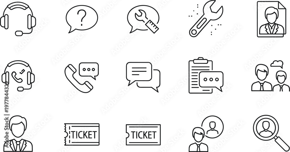 Fototapeta premium Customer support communication editable stroke outline icon set featuring headset ticket chat troubleshooting contact service vector symbol collection