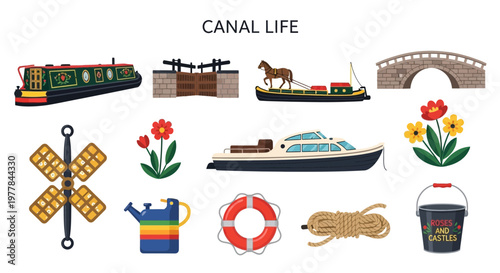 Canal life colorful illustration set.
