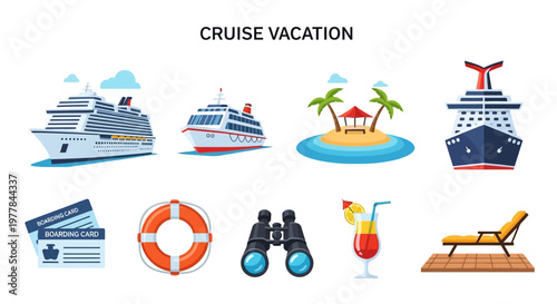 Illustration set of Cruise vacation travel leisure relaxation getaway.