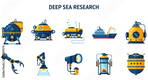 Deep Sea Research Submarine Equipment Illustration.