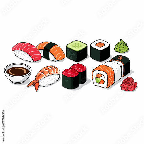 Japanese sushi set food vector illustration on white background