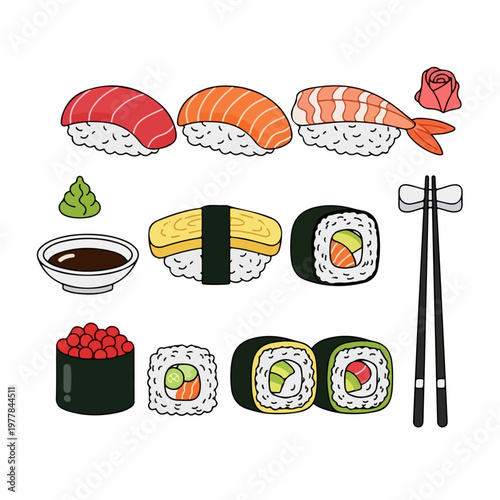 Japanese sushi set food vector illustration
