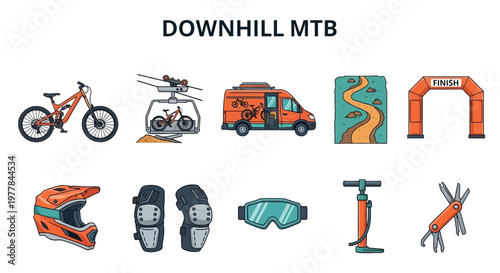 Downhill mountain bike racing equipment set.