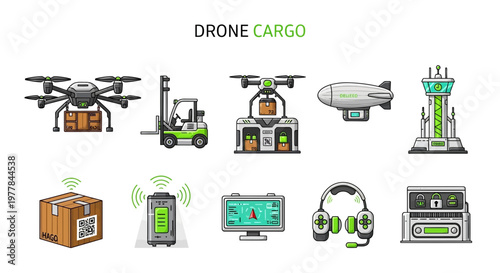 Illustration set of Drone cargo delivery logistics technology.