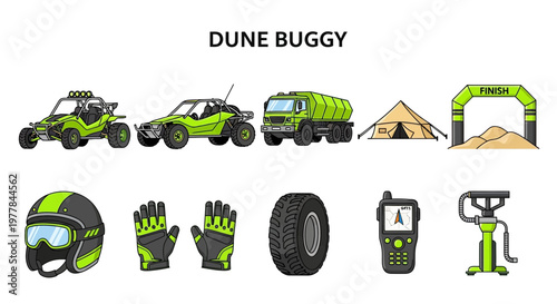 Modern Flat Vector set of Dune buggy racing vehicle desert sand.
