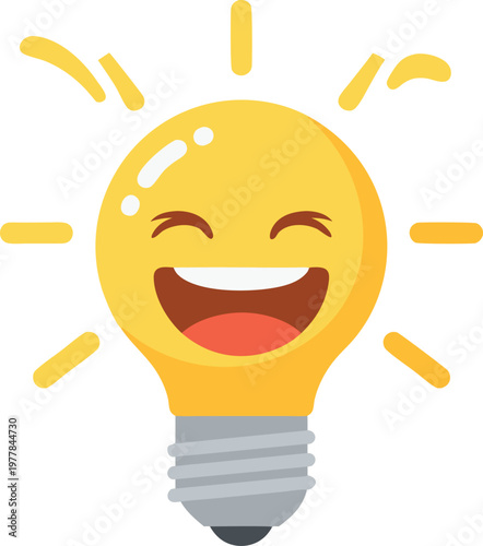 A joyful yellow light bulb with laughing face, squinted eyes, wide smile, and radiating beams, representing creative inspiration