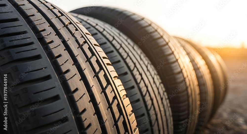 Obraz premium Row of black vehicle tires with tread patterns against a blurred background sunset