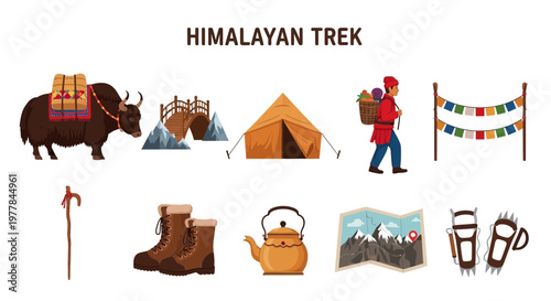 Modern Flat Vector set of Himalayan trekking adventure travel exploration.