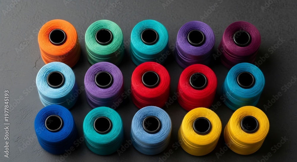 Fototapeta premium Rows of vibrantly colored thread spools on a dark gray surface, creating a visual display