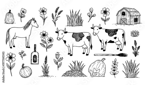 Farm animal doodle set horse cow flowers agriculture hand drawn vector illustration