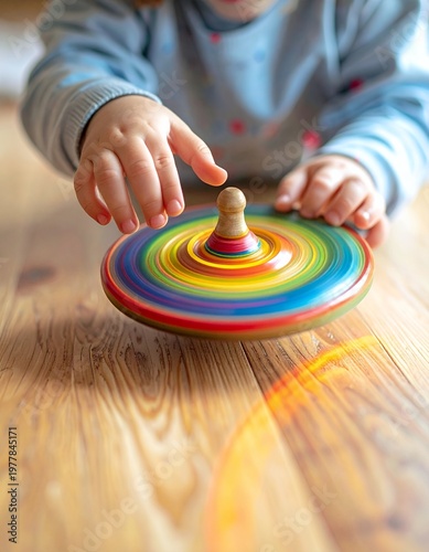 Childs Hands Playing with a Colorful Spinning Top on a Wooden Floor.
