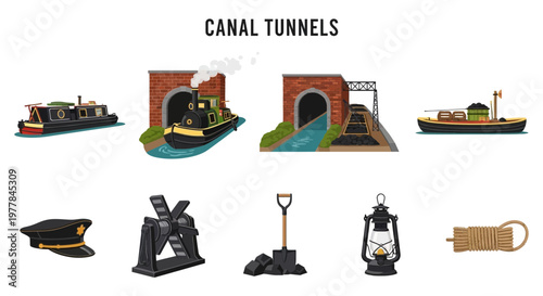 Illustration set of Model Canal Tunnels and Boats.